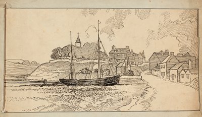 Un velero en la playa con marea baja, junto a un camino que sube hacia un pueblo de Charles George Harper