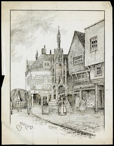 Vista desde el noroeste de Butter Cross, High Street, Winchester, Hampshire (pluma y tinta sobre papel) de Charles George Harper