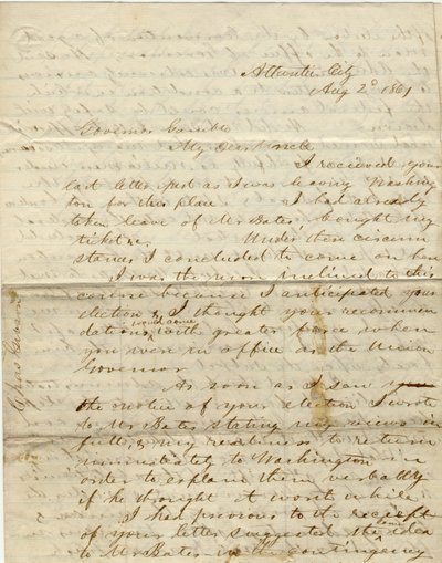 Carta firmada C. Gibson [Charles Gibson], Atlantic City, al Gobernador Gamble [Hamilton R. Gamble], 2 de agosto de 1861 de Charles Gibson