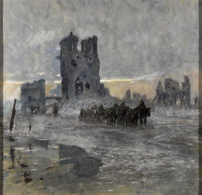 Transportes tirados por caballos, posiblemente un tren de artillería, pasando por las ruinas de Cloth Hall, Ypres de Charles Gilbert Holiday