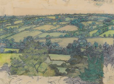 Applehayes, c.1912 (lápiz, crayón, pluma y tinta azul sobre papel) de Charles Ginner