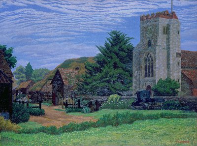 Iglesia y granero, Waltham St. Lawrence de Charles Ginner