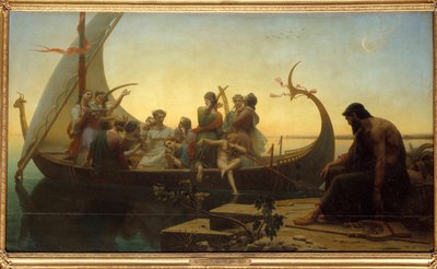 Ilusiones perdidas o anochecer. Una escena alegórica que representa personajes en un drakkar partiendo, un hombre se queda en el muelle con una lira. de Charles Gleyre