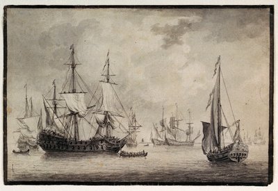 Barco de guerra holandés, yate estatal y embarcaciones lejanas en un puerto, finales del siglo XVIII (pluma, tinta) de Charles Gore