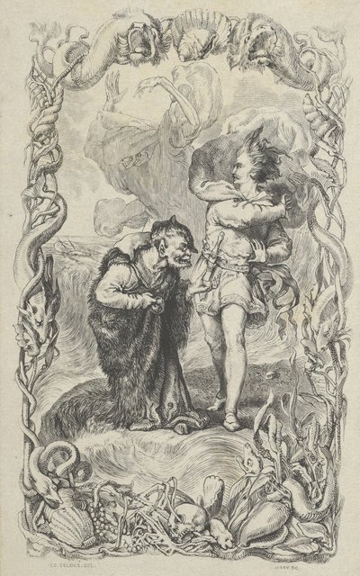Ilustración de La Tempestad: Calibán, Fernando y Ariel, 1836 de Charles Gray