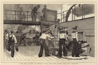 La revisión naval en Spithead, disparando el saludo real desde el HMS Hércules de Charles Green
