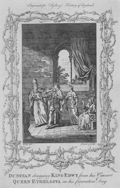 Dunstan arrastrando al Rey Edwy de su consorte la Reina Ethelgiva en su día de coronación, 1773 de Charles Grignion