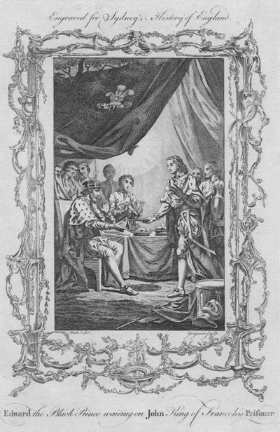 Eduardo el Príncipe Negro atendiendo al rey Juan de Francia, su prisionero, 1773 de Charles Grignion