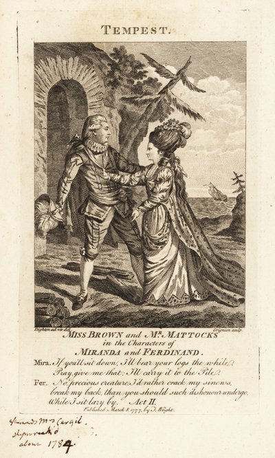 Miss Ann Brown y Mr. George Mattocks en los personajes de Miranda y Ferdinand en una versión operática de La Tempestad de William Shakespeare, Teatro Covent Garden de Charles Grignion