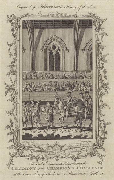 Sir John Dimmock Realizando la Ceremonia del Desafío del Campeón en la Coronación de Ricardo II en Westminster Hall, 1377 de Charles Grignion
