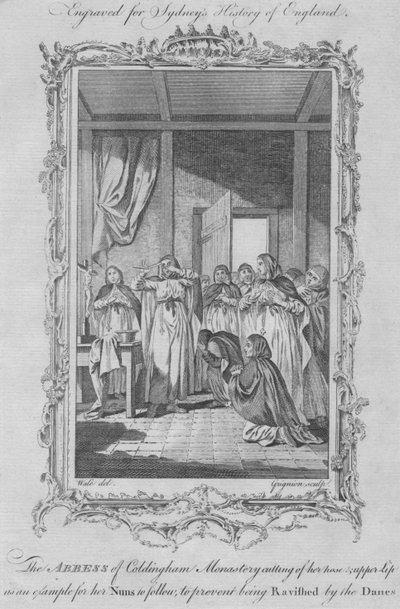 La Abadesa del Monasterio de Coldingham automutilándose para evitar la violación por invasores vikingos, 1773 de Charles Grignion