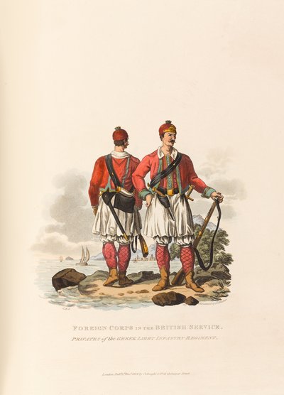 Cuerpos extranjeros en el servicio británico. Soldados de infantería ligera griega de Charles Hamilton (after) Smith
