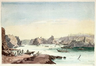 Arroyo Mascate (Omán). Pintura del Teniente Coronel Charles Hamilton Smith (1776-1859) de Charles Hamilton Smith