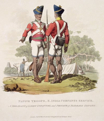 Tropas nativas al servicio de la Compañía de las Indias Orientales: un sargento de infantería ligera y un soldado de los cipayos de Madrás, grabado por Joseph Constantine Stadler, 1815 (aguafuerte) de Charles Hamilton Smith