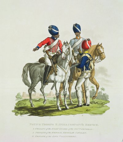 Tropas Nativas en el Servicio de la Compañía de las Indias Orientales: un Soldado de la Guardia del Gobernador General, un Soldado de la Caballería Regular de Bengala y un Soldado Voluntario de Java, grabado por Joseph de Charles Hamilton Smith