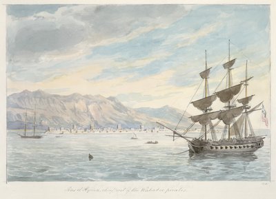 Ras el Kijma, puerto principal de los piratas wakabee, hacia el siglo XIX (grafito y acuarela) de Charles Hamilton Smith