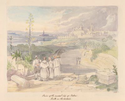 Ruinas de la antigua ciudad de Itálica, Sevilla a lo lejos de Charles Hamilton Smith