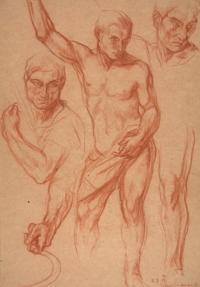 Estudio de figura masculina con re-estudios de cabeza, brazos, hombro y pierna (bocetos para el panel central de "Otoño"), 8 de abril de Charles Haslewood Shannon