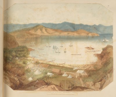 Comité en Pata Pata; el yacimiento aurífero se extiende sobre la lejana cordillera azul, Add 19954 f.7 de Charles Heaphy
