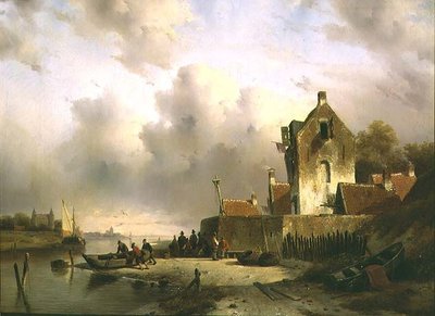 Un estuario con pescadores junto a un muelle de Charles Henri Joseph Lieckert