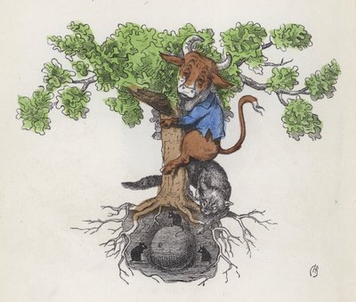 Vaca en un árbol sobre un gato cazando ratones comiendo queso de Charles Henry (after) Bennett
