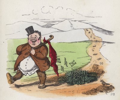Hombre gordo caminando por un camino dejando caer sus haches de Charles Henry (after) Bennett