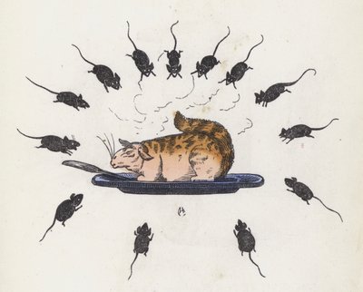 Gato glotón en un plato rodeado de ratones hambrientos de Charles Henry (after) Bennett