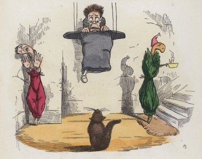 Hombre colgado del techo con su sombrero porque tiene miedo de un gato de Charles Henry (after) Bennett