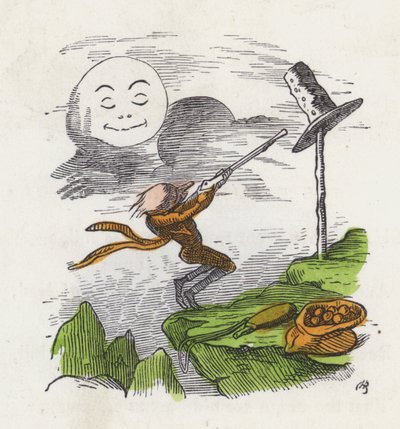 Hombre disparando a su sombrero frustrado por no poder alcanzar la Luna de Charles Henry (after) Bennett