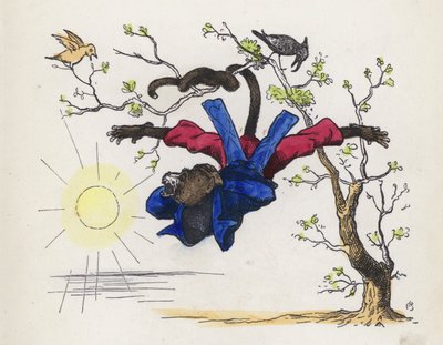 Mono colgando de un árbol por su cola (grabado coloreado) de Charles Henry (after) Bennett