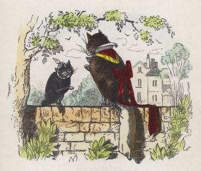 Dos gatos en una pared de jardín (grabado coloreado) de Charles Henry (after) Bennett
