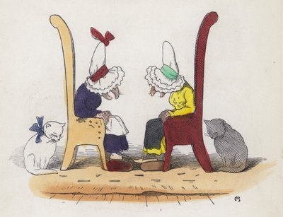 Dos viejas hablando y luego durmiéndose (grabado coloreado) de Charles Henry (after) Bennett