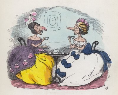 Dos mujeres con narices grandes bebiendo té (grabado coloreado) de Charles Henry (after) Bennett