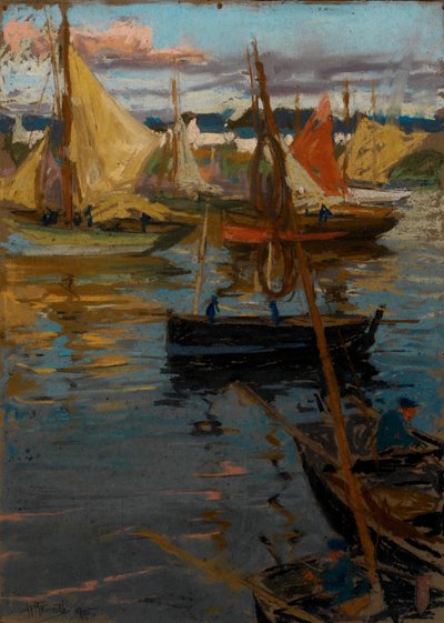 Un resplandor vespertino con un rastro de rosas en la sombra (Boats Concarneau) de Charles Henry Fromuth