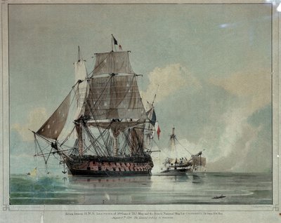 Acción entre el HMS "Leander" y el francés "Le Genereux" 18 de agosto de 1798 (litografía coloreada) de Charles Henry Seaforth