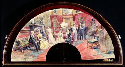 Abanico que representa una reunión social después de la cena en una sala de estar de Charles Henry Tenre