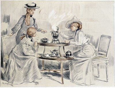 Damas tomando té alrededor de un pequeño samovar - dibujo de Henri Tenré, ca. 1910 de Charles Henry Tenre