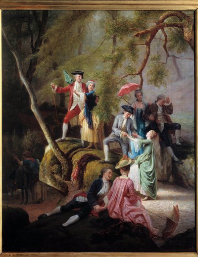 Entretenimiento campestre. Escena galante durante un paseo de nobles. Pintura de Charles Gustave Housez (1822-1880) siglo XIX. Colección privada de Charles Housez