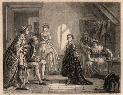 La infancia de Mademoiselle Clairon: la joven Claire-Josephe Leris (1723-1803) recita los versos de la obra que acaba de ver. Se convirtió en comediante bajo el nombre de "Mademoiselle Clairon" o "La Clairon". Grabado de 1862 del cuadro de François-Hubert  de Charles Housez