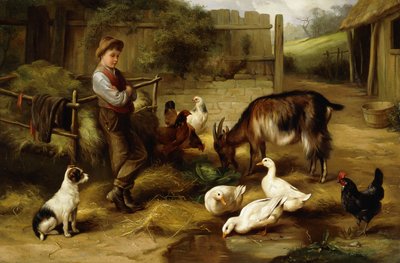 Un Niño con Aves y una Cabra en un Corral de Charles Hunt