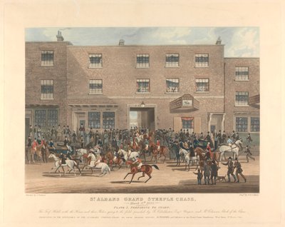Steeple-chasing [serie de seis]: St. Albans Grand Steeple Chase. / 8 de marzo de 1832. Placa 1. Preparándose para comenzar ... de Charles Hunt