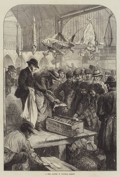 Subasta de pescado en el mercado de Columbia (grabado) de Charles J. (after) Staniland