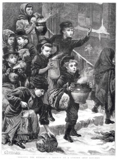Alimentando a los hambrientos, una cocina de sopa en Londres, 1880 de Charles J. Staniland