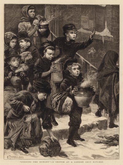 Alimentando a los hambrientos, un boceto en una cocina de sopa de Londres de Charles J. Staniland