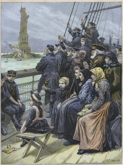 Inmigrantes judíos llegando a Nueva York, EE.UU. en 1892 - refugiados judíos de Rusia pasando la colosal estatua en el puerto de Nueva York - grabado por Charles Joseph Staniland - "Llegada de emigrantes judíos a Nueva York en 1892, ilustración de Charles  de Charles J. Staniland