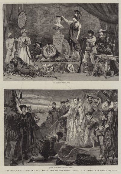 Los cuadros históricos y el baile de disfraces del Instituto Real de Pintores en Acuarelas de Charles J. Staniland
