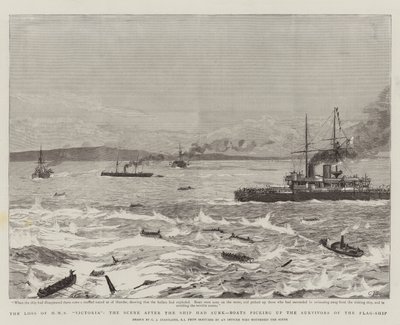 La pérdida del HMS Victoria, la escena después de que el barco se hundiera, botes recogiendo a los sobrevivientes del buque insignia de Charles J. Staniland