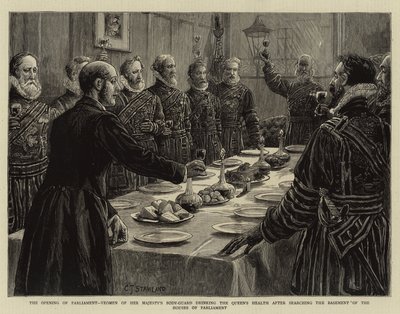 La apertura del Parlamento, los Yeomen de la Guardia del Cuerpo de Su Majestad bebiendo a la salud de la Reina después de registrar el sótano de las Casas del Parlamento de Charles J. Staniland