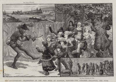 La celebración del sexcentenario del Flautista de Hamelín, Hannover, los niños siguiendo al flautista de Charles J. Staniland