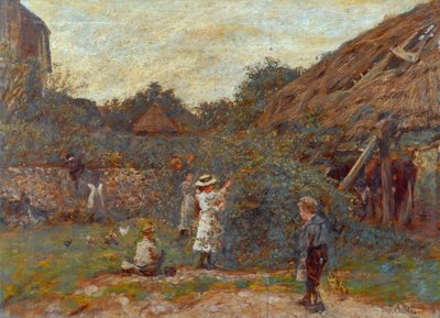 Escena en el corral con niños recogiendo fruta, 1901 de Charles James